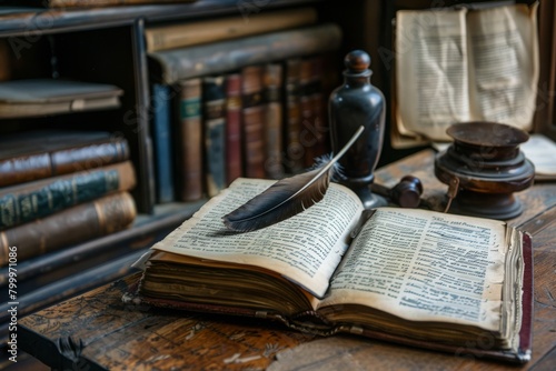 Vintage desk with an open book, quill pen, and inkwell photo