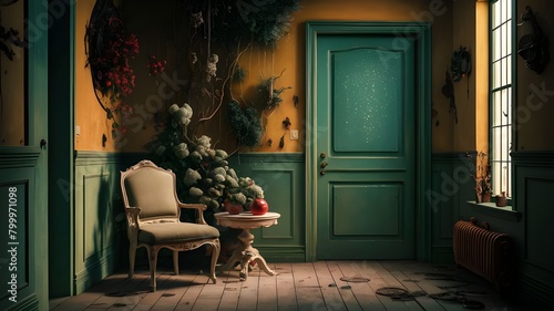 A room with a green door and a green door that says pom photo