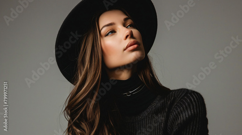 Beautiful woman in a hat posing for the camera. Studio