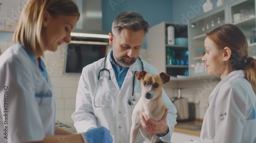 Three veterinarians in a clinic examining a small dog, focusing intently on its health.