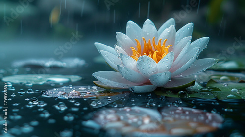 A close-up of a water lily floating serenely on a tranquil pond