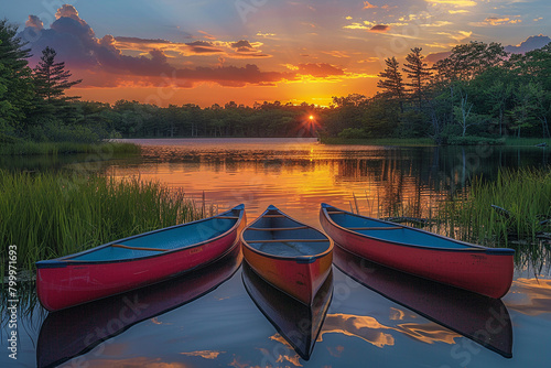Canoes resting peacefully by the tranquil waters of a serene lake, reflecting the vibrant colors of the sunset.