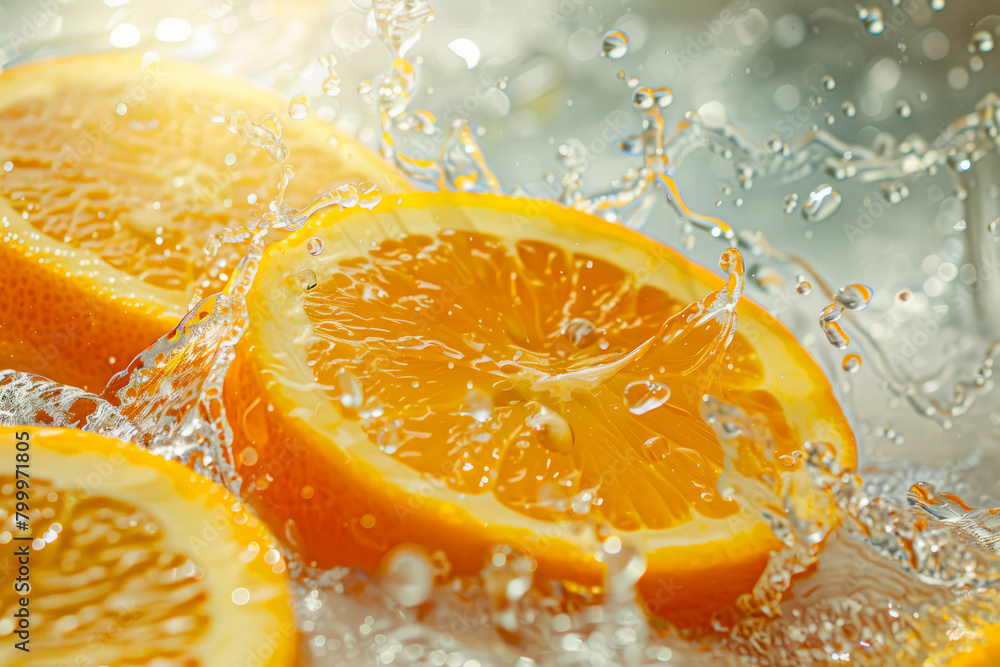 Sliced oranges with splashing water highlighting freshness and natural citrus aroma Sliced oranges with splashing water highlighting freshness and natural citrus aroma
