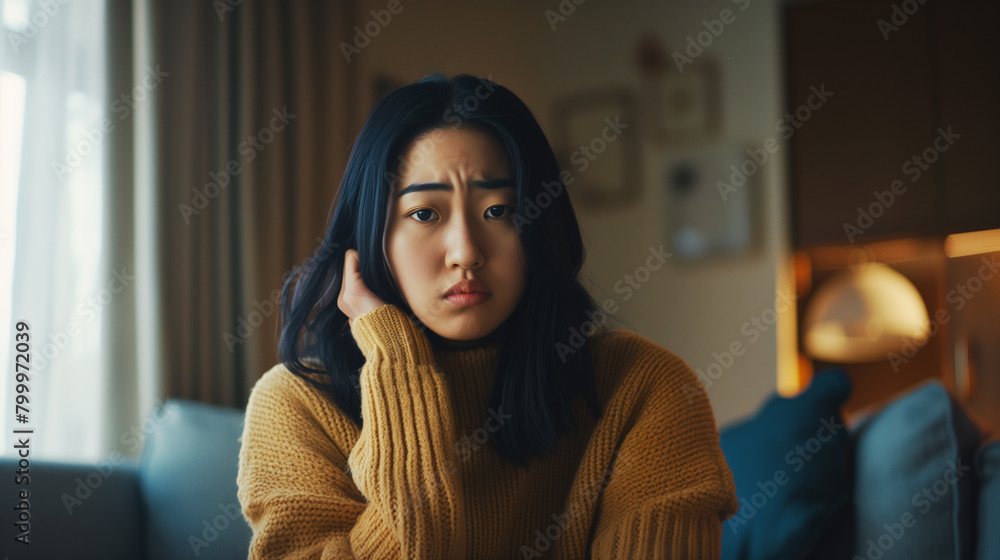 Young Asian woman looking worried while sitting in a cozy room, wearing a yellow knit sweater. Young Asian woman looking worried while sitting in a cozy room, wearing a yellow knit sweater.