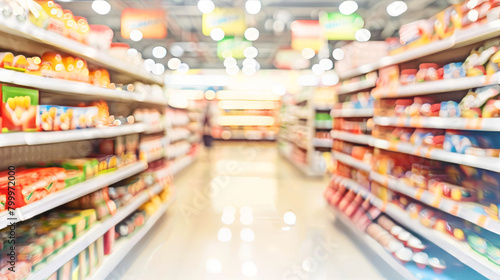 Blurred supermarket aisles with colorful grocery products on shelves depicting busy shopping environment