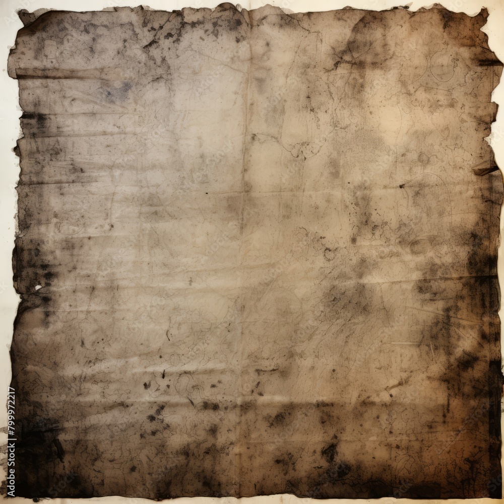 Sheet of aged paper stained with black ink, background, copy space.