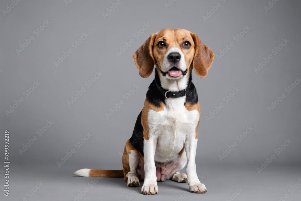 sit Beagle dog with open mouth looking at camera, copy space. Studio shot.