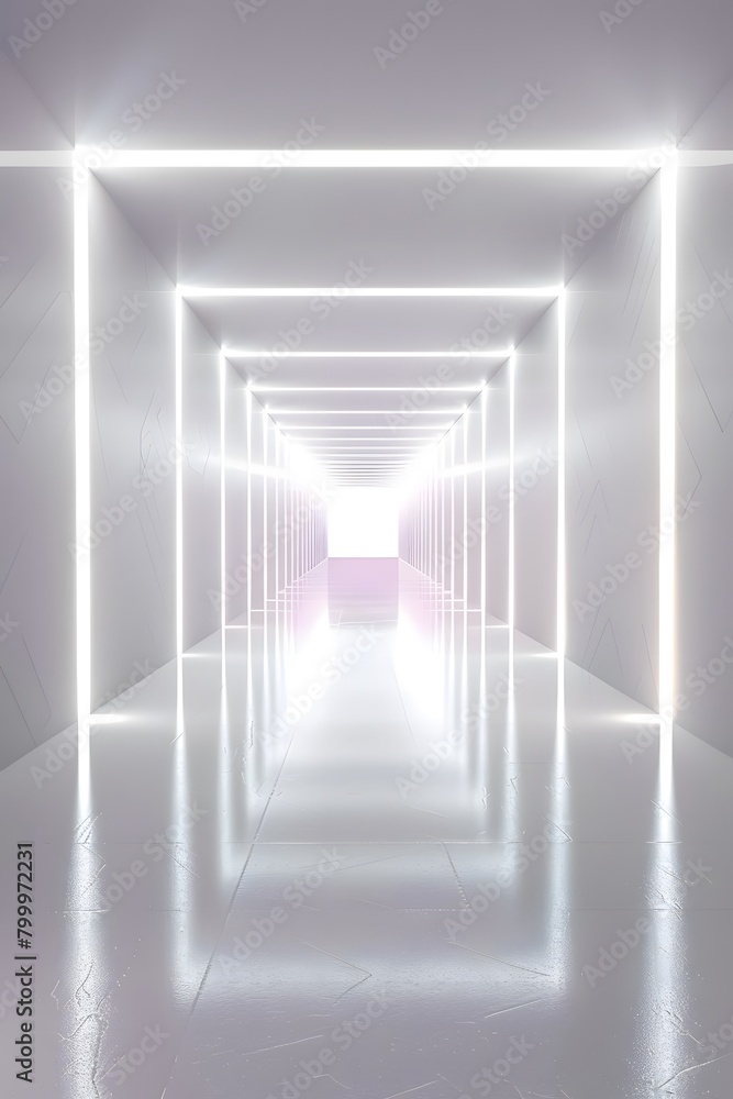 Obraz premium Abstract white background with glowing neon light tunnel and empty space for product presentation