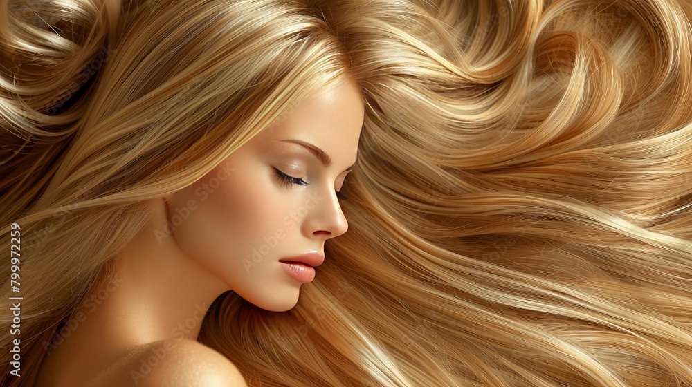 Obraz premium A portrait of a beautiful woman with long wavy blonde hair.