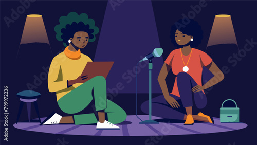 In a dimly lit room two artists sit across from each other delivering a powerful and improvisational spoken word piece about the legacy of Juneteenth.. Vector illustration