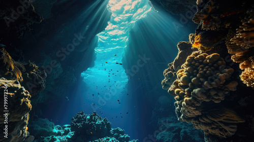 Sunlight filters through the clear blue water, illuminating the colorful coral reef below