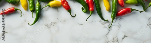 Red, yellow and green chili peppers on white marble background. photo