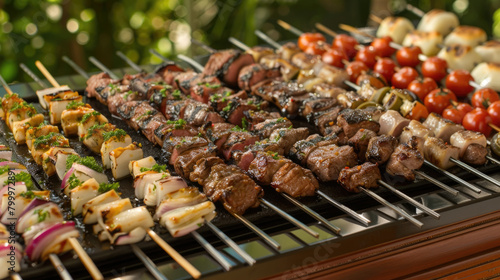 Various skewers of food such as meat, vegetables, and seafood grilling on a barbecue, creating a flavorful and enticing meal