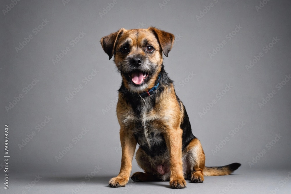 sit Border Terrier dog with open mouth looking at camera, copy space. Studio shot.