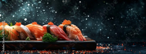 sushi rolls Japanese food Philadelphia with caviar shrimp avocado tuna