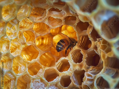 High-magnification view of a honeycomb, intricate structures, macro photography