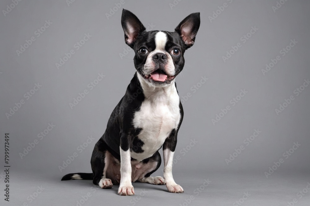 sit Boston Terrier dog with open mouth looking at camera, copy space. Studio shot.