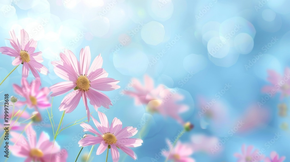 light blue background with pink daisies, pastel color theme, copy space concept light blue background with pink daisies, pastel color theme, copy space concept