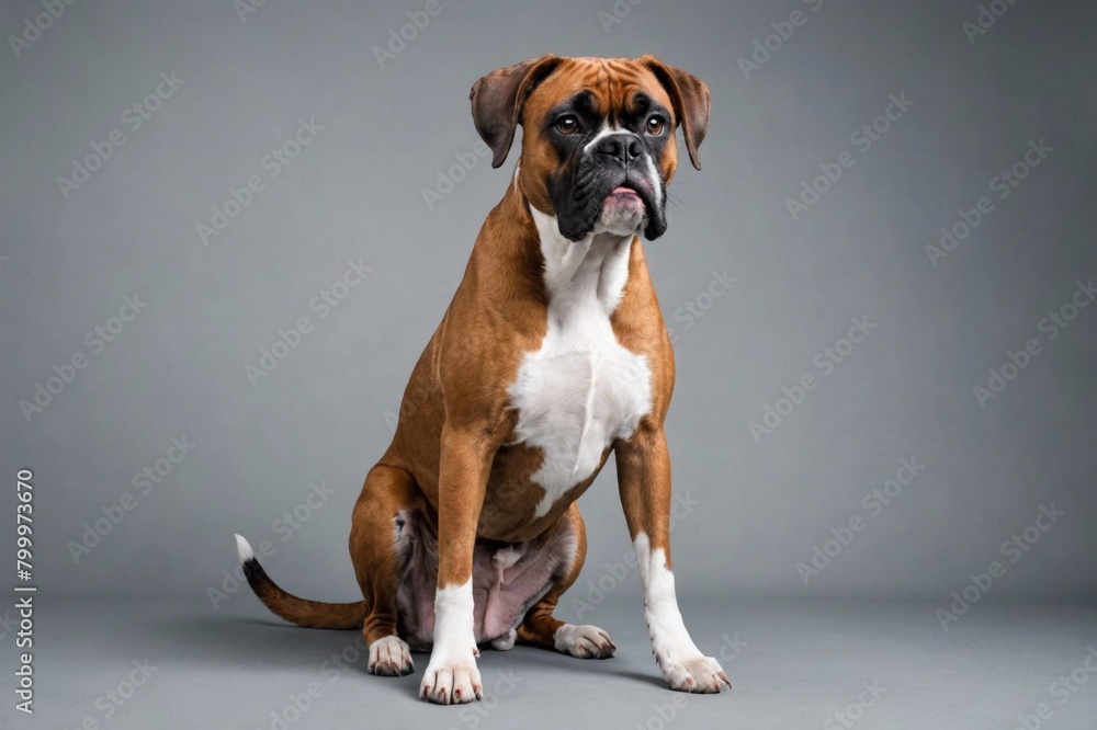 sit Boxer dog with open mouth looking at camera, copy space. Studio shot. sit Boxer dog with open mouth looking at camera, copy space. Studio shot.