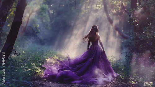 Beautiful young brunette in a luxurious purple long dress