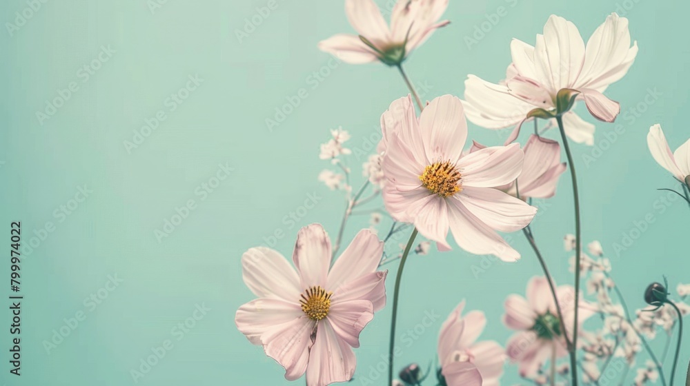 Fototapeta premium light blue background with pink daisies, pastel color theme, copy space concept