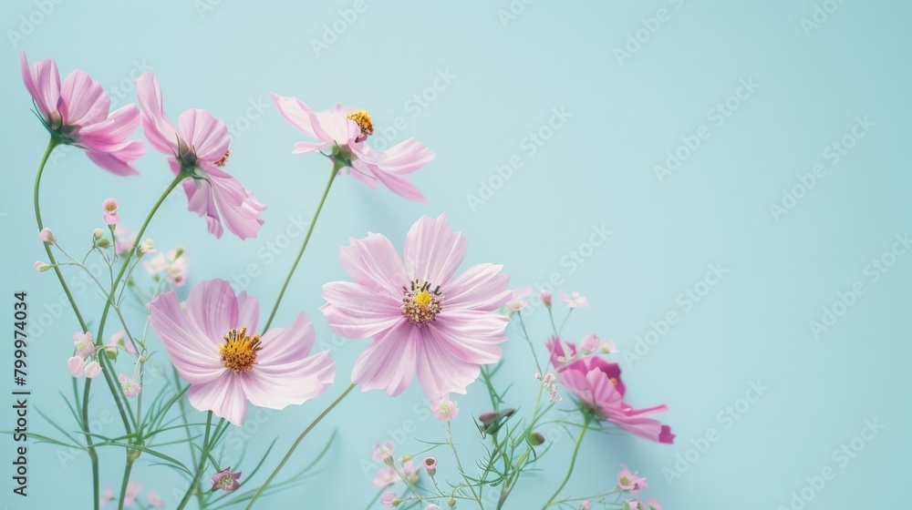 light blue background with pink daisies, pastel color theme, copy space concept light blue background with pink daisies, pastel color theme, copy space concept