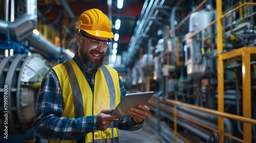 Smiling male engineer with beard wearing a hard hat and reflective vest using a tablet in an industrial plant.