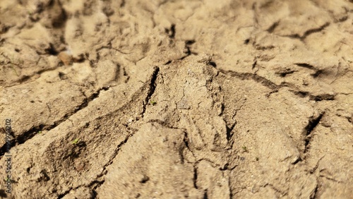 Dry ground cracked and dried-up land soil or sand surface. Drought, lack of water, climate change heatwave, and global warming disaster concept. Extreme closeup top side view.