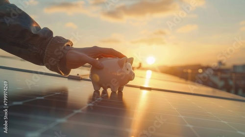 Hand placing a piggy bank on solar panels during sunset, symbolizing investment in sustainable energy.