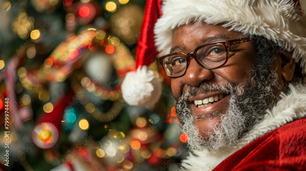 Portrait of a joyful African American Santa Claus with a cheerful expression in festive surroundings. Portrait of a joyful African American Santa Claus with a cheerful expression in festive surroundings.