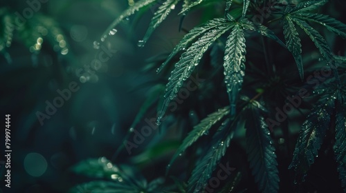 Close-up of cannabis plant leaves covered in fresh water droplets  with a moody dark green tone.