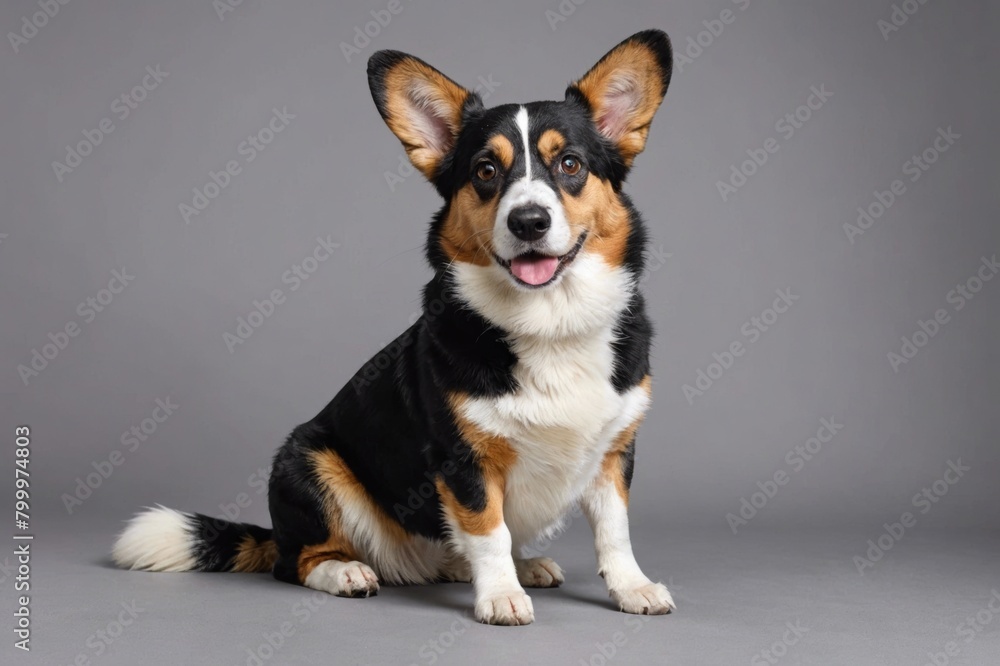 sit Cardigan Welsh Corgi dog with open mouth looking at camera, copy space. Studio shot. sit Cardigan Welsh Corgi dog with open mouth looking at camera, copy space. Studio shot.