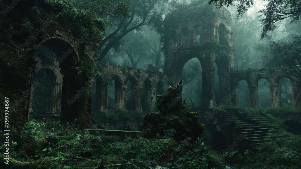 Mystical forest shrouded in mist, where ancient ruins hint at forgotten civilizations and untold stories