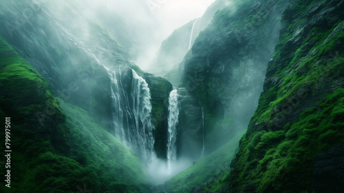 Breathtaking waterfall cascading down lush green mountainside, Nature Beauty
