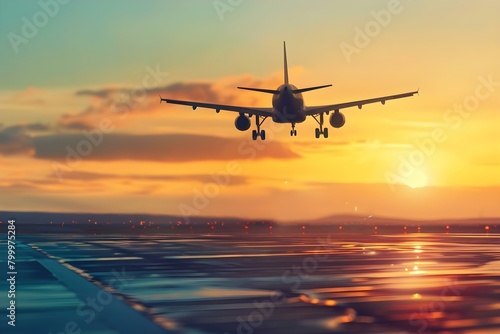 Airplane taking off at sunrise or sunset with landing gear down. Concept Airplane Photography, Sunrise Sunset, Landing Gear, Aviation, Travel