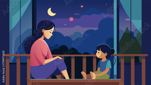 In the quiet hours of the night a mother and daughter sit on their balcony sharing childhood memories and planning for the future.. Vector illustration