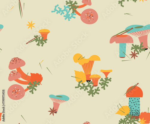 Seamless color vector pattern, mushrooms.