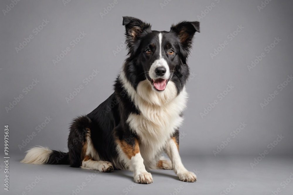 sit Collie dog with open mouth looking at camera, copy space. Studio shot.