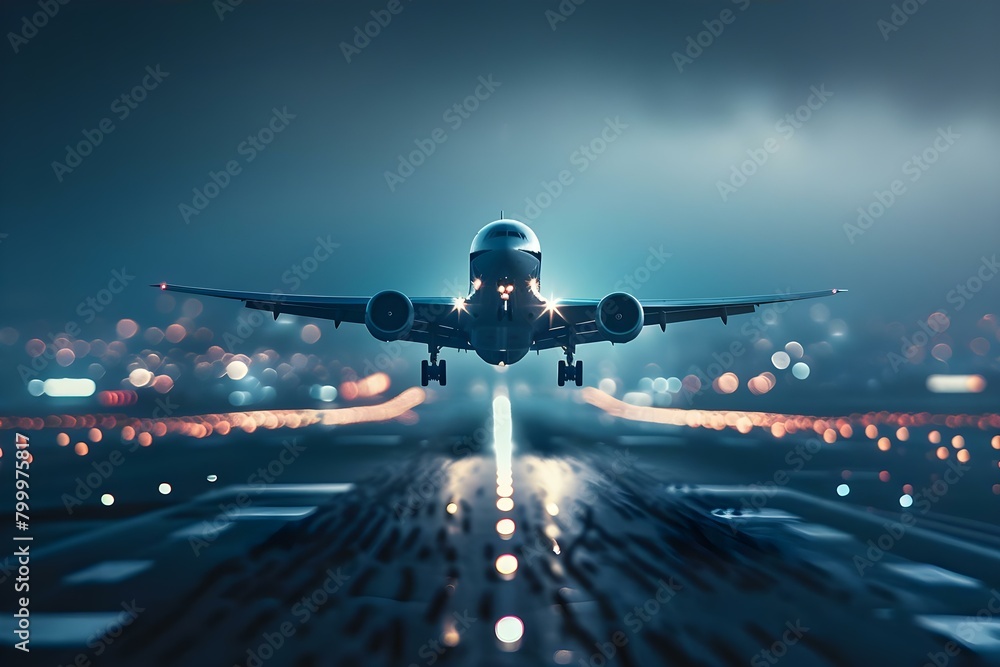 Motion blur effect of an airplane taking off at night from an airport runway. Concept Night Photography, Motion Blur, Airplane Taking Off, Airport Runway, Transportation