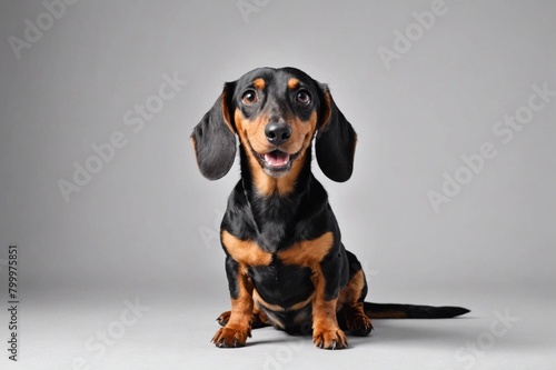 sit Dachshund dog with open mouth looking at camera  copy space. Studio shot.