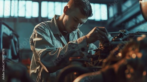 skilled mechanic in coveralls, holding a wrench and working on an engine with focus and precision