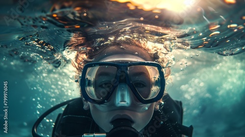 Close-up of a person with a diving mask and snorkel underwater, lit by sunlight.