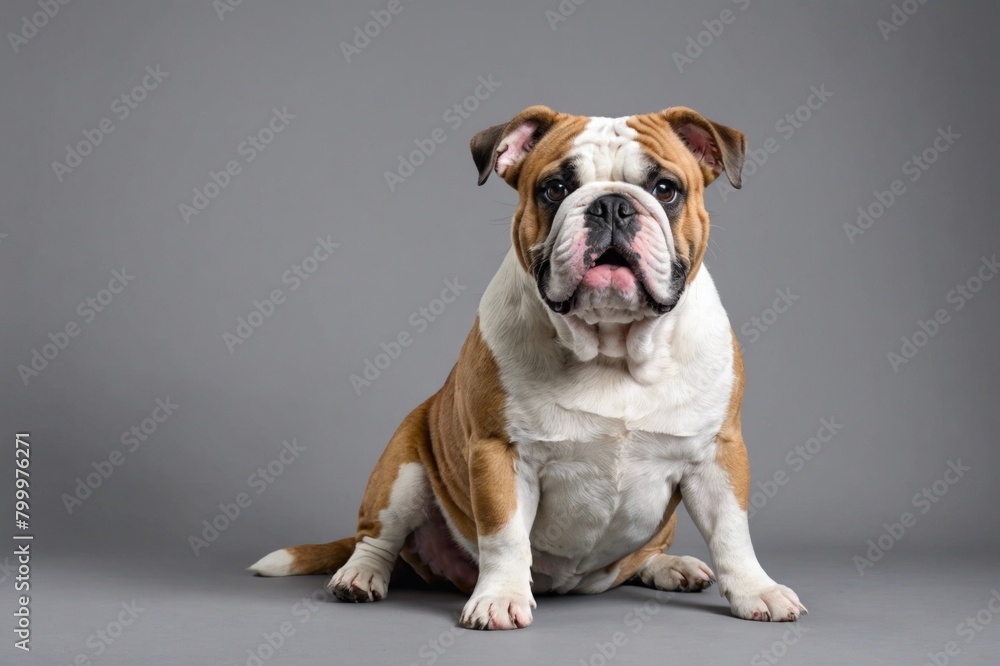 sit English Bulldog dog with open mouth looking at camera, copy space. Studio shot.