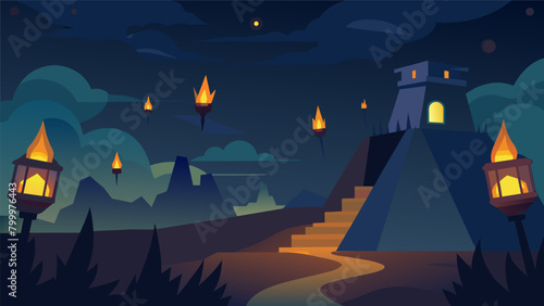 The dark night sky is lit up by the flickering flames of the lanterns leading visitors to a hidden underground bunker used by revolutionaries during. Vector illustration