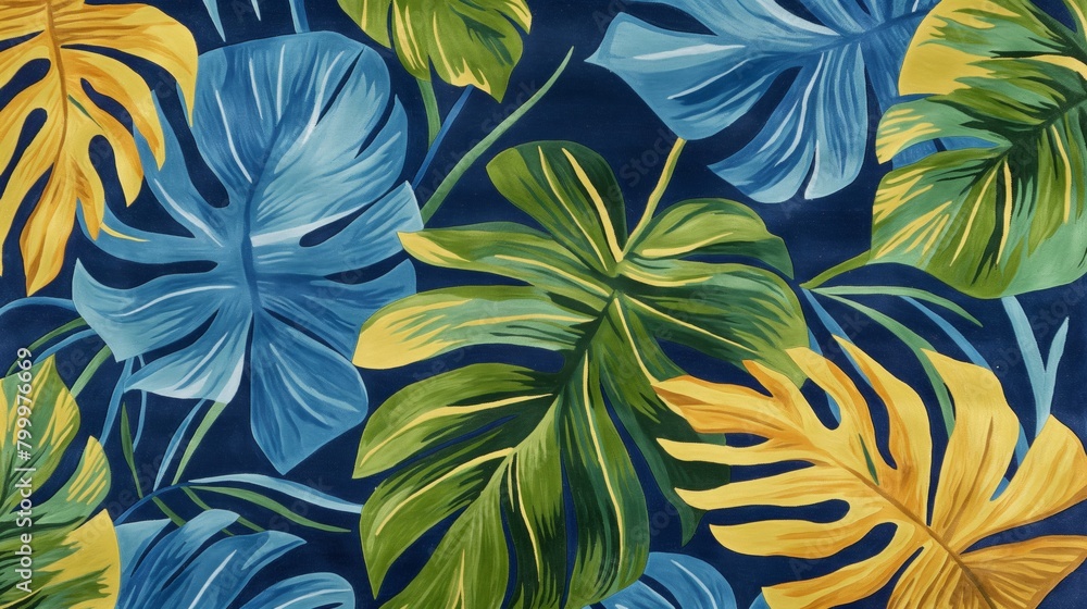 A tropical rug design with vibrant blue, green and yellow leaves on dark blue background. A tropical rug design with vibrant blue, green and yellow leaves on dark blue background.