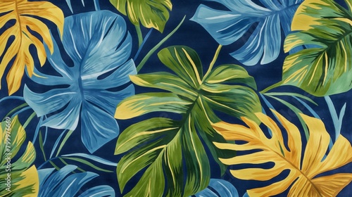 A tropical rug design with vibrant blue  green and yellow leaves on dark blue background.