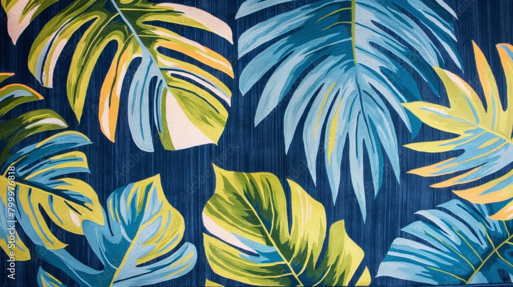 A tropical rug design with vibrant blue, green and yellow leaves on dark blue background. A tropical rug design with vibrant blue, green and yellow leaves on dark blue background.