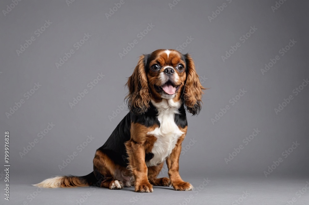 sit English Toy Spaniel dog with open mouth looking at camera, copy space. Studio shot.