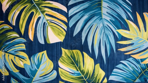 A tropical rug design with vibrant blue, green and yellow leaves on dark blue background.