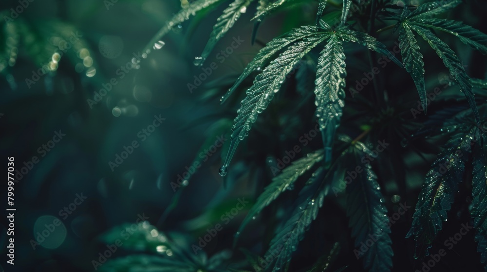 Close-up of cannabis plant leaves covered in fresh water droplets, with a moody dark green tone.